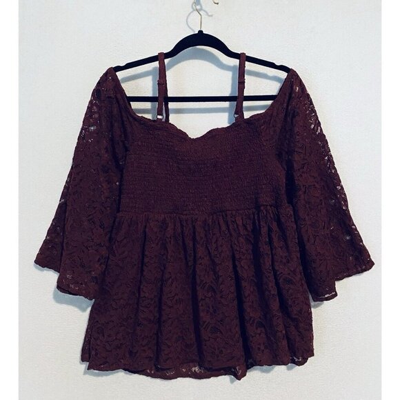 Torrid Top Womens 2X Burgundy Babydoll Lace Smocked Cold Shoulder Feminine - Picture 5 of 10